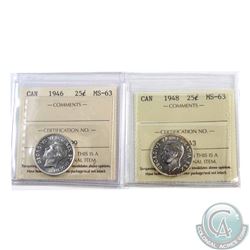 25-cent 1946 & 1948 ICCS Certified MS-63. 2pcs