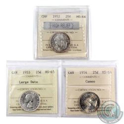 25-cent 1952 High Relief, 1953 Large Date & 1954 Cameo ICCS Certified MS-64. 3pcs