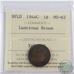 1944C Newfoundland 1-cent ICCS Certified MS-62 Lustrous Brown