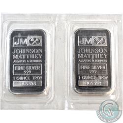 Pair of Johnson Matthey 1oz Fine Silver Bars 'B Series' Sealed (TAX Exempt). 2pcs.
