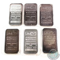 Johnson Matthey 1oz Fine Silver Bar Collection (TAX Exempt). 6pcs.