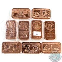 Lot of 1oz Fine Copper Bars with 9 Different Designs (TAX Exempt). 9pcs.