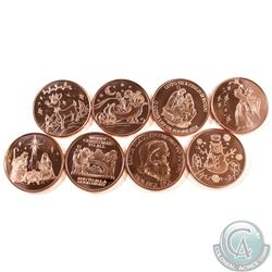 Lot of 1oz Fine Copper Rounds with 8 Different Christmas Designs (TAX Exempt). 8pcs.