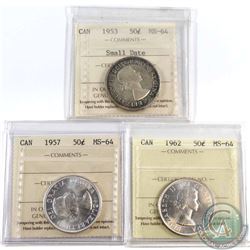 Lot of Canada 50-cent ICCS Certified MS-64 - 1953 Small Date, 1957 & 1962. 3pcs