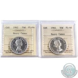 1962 & 1964 Canada 50-cent ICCS Certified PL-66 Heavy Cameo. 2pcs