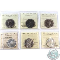 Lot of Canada 50-cent ICCS Certified - 1951 AU-55, 1955 AU-50, 1957 MS-64, 1959 MS-62 Heavy Cameo, 1