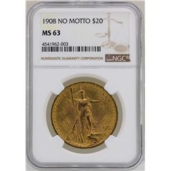 1908 No Motto $20 St. Gaudens Double Eagle Gold Coin NGC MS63