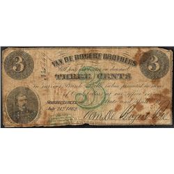 1862 3 Cents Van De Bogert Brothers Obsolete Note