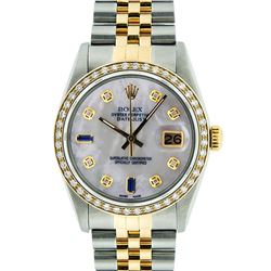 Rolex Men's Two Tone 14K Mother Of Pearl Diamond 36MM Datejust Wristwatch