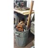 Image 1 : VINTAGE GALVANIZED TRASHCAN W/HAND SAWS, LEVELS ETC