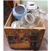 Image 1 : VINTAGE WOOD BOX W/MISC JARS, COFFEE POTS ETC