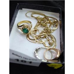 Box of Jewelry: Diamond Guard Pin, Emerald Ring, Class Ring, Assorted Chains.
