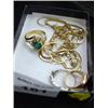 Image 1 : Box of Jewelry: Diamond Guard Pin, Emerald Ring, Class Ring, Assorted Chains.