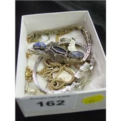 Box of Jewelry: Lady Hamilton Watch with Small Diamonds, Two Diamond Rings, Small Earrings, Marcasit