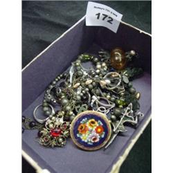 Box of Jewelry, Amber Necklace, Rings, Necklaces, etc.