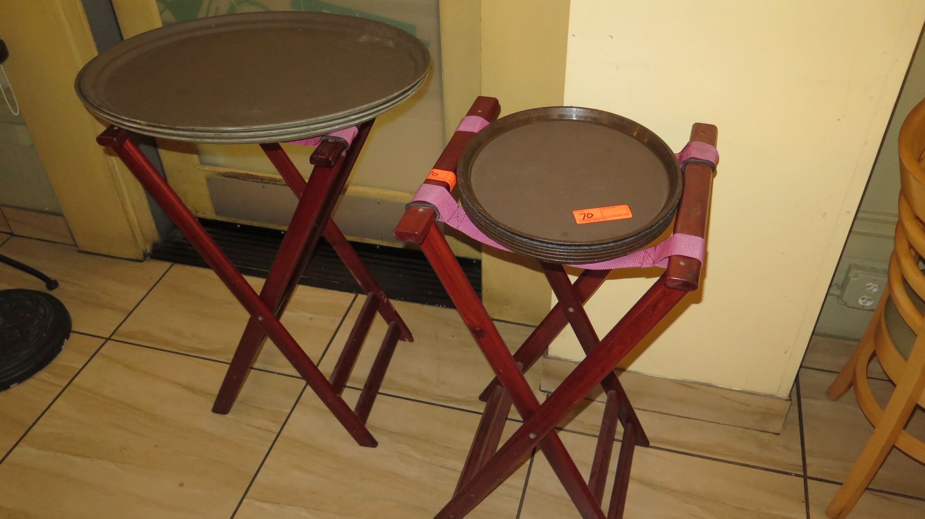 2 Folding Tray Stands, 3 Large Oval Serving Trays, 6 Small Round Trays,