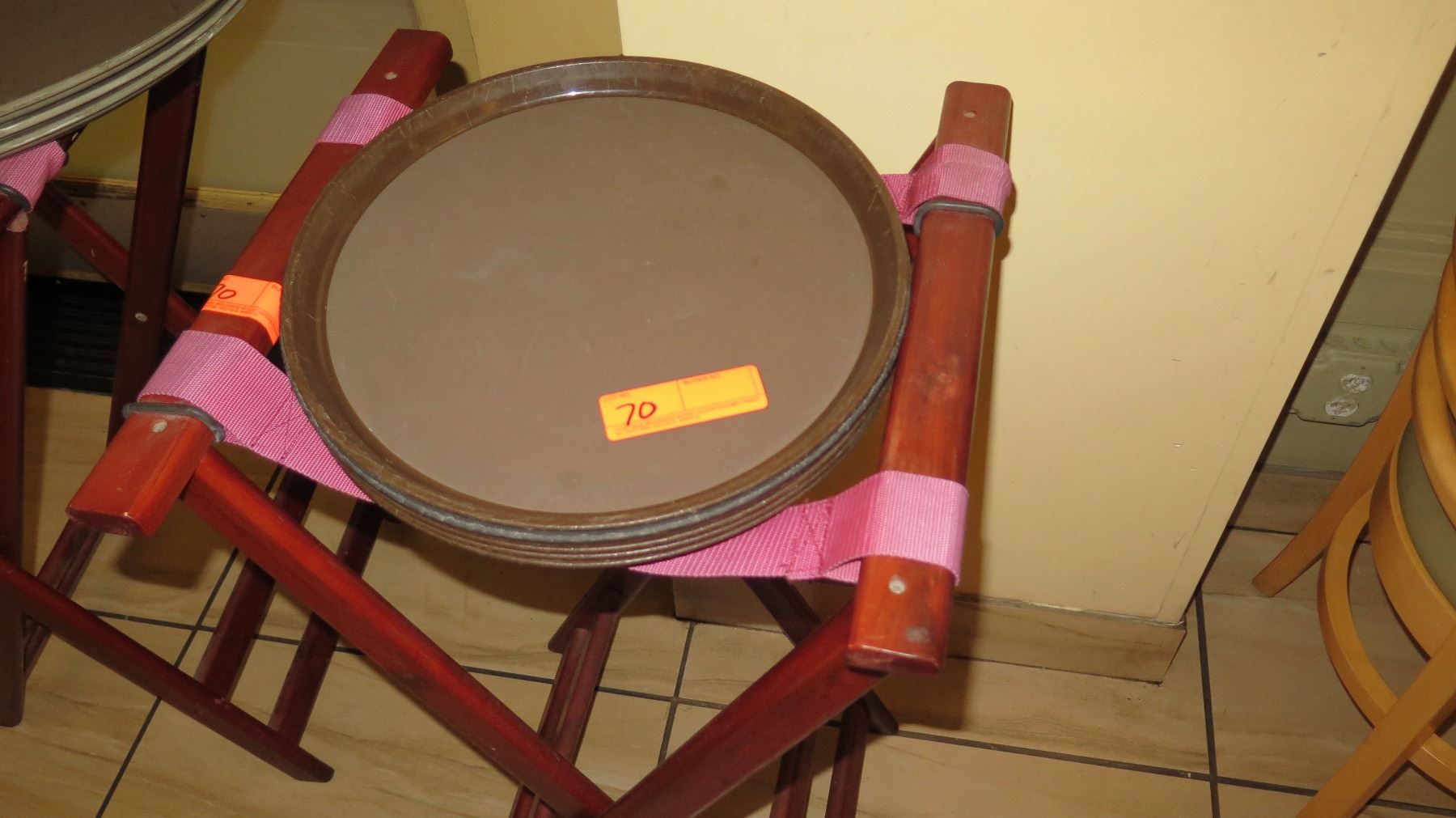 2 Folding Tray Stands, 3 Large Oval Serving Trays, 6 Small Round Trays,