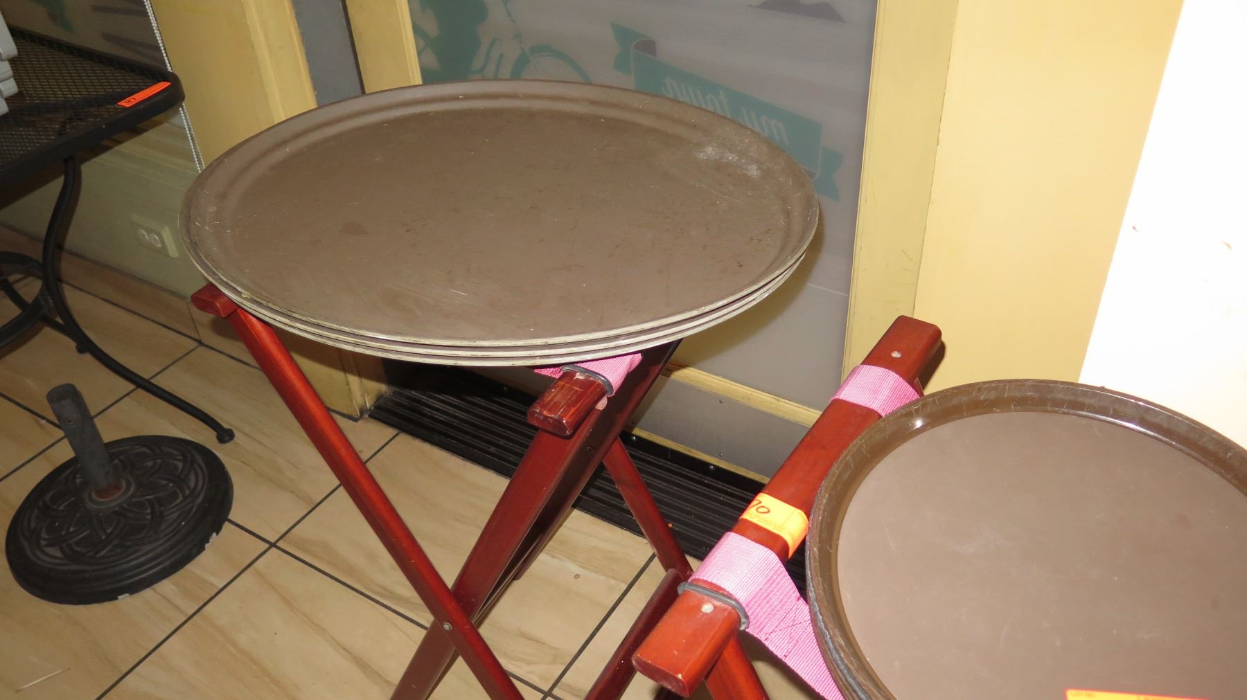 2 Folding Tray Stands, 3 Large Oval Serving Trays, 6 Small Round Trays,