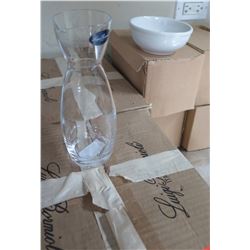 New Glass Carafes, 3 Boxes (12 in each box) & 24 New White Porcelain Bowls