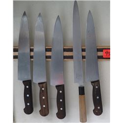 Qty 5 Knives and Magnetic Wall-Mount Knife Holder