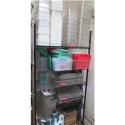 Black NSF Shelving Unit with Contents: Plastic Storage Containers w/Lids, etc. Includes shelf (35.5"