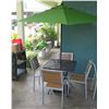 Image 1 : Black Metal Grate Table (30"x30"x29"H), 4 Chairs, Umbrella & Stand