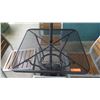 Image 2 : Black Metal Grate Table (30"x30"x29"H), 4 Chairs, Umbrella & Stand