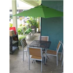 Black Metal Grate Table (30"x30"x29"H), 4 Chairs, Umbrella & Stand