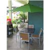Image 1 : Black Metal Grate Table (30"x30"x29"H), 4 Chairs, Umbrella & Stand