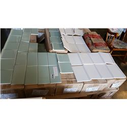 SKID OF ASSORTED WHITE PORCELAIN TILE MOULDING, TEAL SUBWAY TILES, ETC.