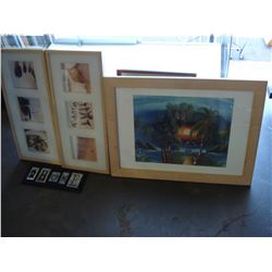 2 SHADOW BOX PRINTS, FRAMED PAINTING, AND MIRROR PICTURE