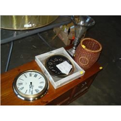 MARBLE BOOKENDS WICKER BASKET VASE AND TWO CLOCKS