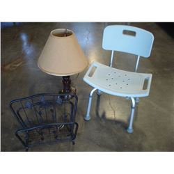 TABLE LAMP MAGAZINE RACK AND BATH ASSIST CHAIR