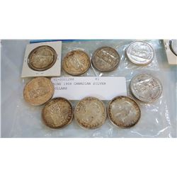 NINE 1958 CANADIAN SILVER DOLLARS