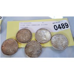 FIVE 1963 CANADIAN SILVER DOLLARS