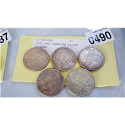 FIVE 1963 CANADIAN SILVER DOLLARS