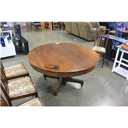 ROUND ANTIQUE DINING TABLE W/ 2 LEAFS AND 5 DINING CHAIRS