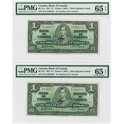 Bank of Canada, 1937 Issue High Grade Sequential Banknote Pair.