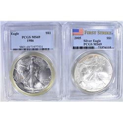 1986 & 2005 AMERICAN SILVER EAGLE DOLLARS