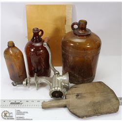 ANTIQUE MEAT GRINDER AND GLASS BOTTLES