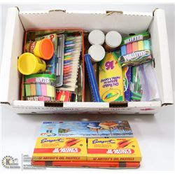 FLAT WITH ASSORTED CRAYONS, ART SUPPLIES,