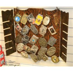 26 VINTAGE BELT BUCKLES ON OAK DISPLAY
