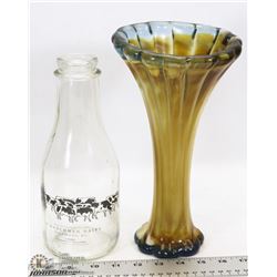 VINTAGE BLOWN ART GLASS AND GLASS DAIRY BOTTLE.