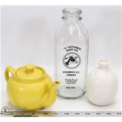 GLASS DAIRY BOTTLE WITH TEAPOT & DECORATIVE