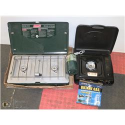 COLEMAN CAMPSTOVE WITH FULL BOTTLE OF PROPANE,
