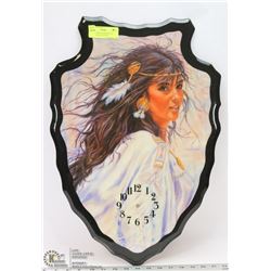 CARVED WOOD ARROW HEAD CLOCK DISPLAY PLAQUE.