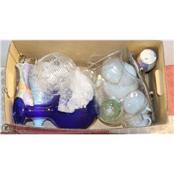 BOX OF GLASSWARE INCL FIREKING, COBALT BLUE VASE