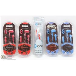 LOT OF 5 NEW STEREO EARBUDS MISC.