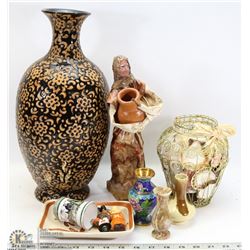 BOX OF ASSORTED VASES AND MORE INCL MINI STEIN