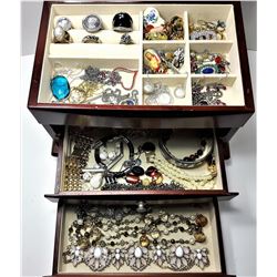 1) WOODEN JEWELRY BOX & CONTENTS